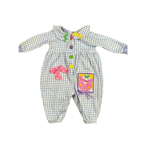 Vintage 90s Baby Girl One Piece Bubble Romper‎ Outfit 3-6 Months Blue Plaid Lamb - Picture 1 of 6